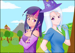 Size: 1600x1131 | Tagged: safe, artist:meandmypie, trixie, twilight sparkle, human, g4, humanized