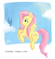 Size: 1000x1070 | Tagged: safe, artist:erysz, fluttershy, bird, g4, cloud, cloudy, cute, female, flying, smiling, solo, spread wings