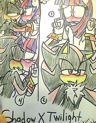 Size: 430x550 | Tagged: safe, artist:keopuolani, twilight sparkle, anthro, g4, comic, crossover, crossover shipping, female, interspecies, kissing, love, male, shadow the hedgehog, shadtwi, shipping, sonic the hedgehog, sonic the hedgehog (series), straight, traditional art