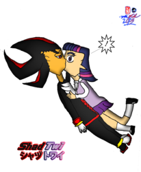 Size: 1125x1363 | Tagged: safe, artist:creativeartist-kenta, twilight sparkle, human, g4, crossover, crossover shipping, exclamation point, female, humanized, japanese, kissing, male, shadow the hedgehog, shadtwi, sonic the hedgehog (series), straight