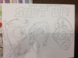 Size: 600x450 | Tagged: safe, artist:andy price, apple bloom, scootaloo, sweetie belle, g4, cutie mark crusaders, little tongue, nose in the air, shut up, traditional art, yelling