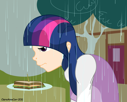 Size: 1668x1340 | Tagged: safe, artist:claireannecarr, twilight sparkle, human, g4, the ticket master, female, humanized, rain, sandwich, scene interpretation, solo, wet