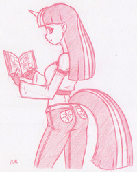 Size: 732x914 | Tagged: safe, artist:x-cross, twilight sparkle, human, g4, ass, book, butt, clothes, female, horn, horned humanization, humanized, jeans, off shoulder, solo, tail, tailed humanization, traditional art