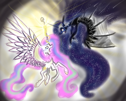 Size: 2097x1688 | Tagged: safe, artist:charmingstranger, nightmare moon, princess celestia, g4, crying, duo