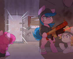 Size: 1000x800 | Tagged: safe, artist:spittfireart, firefly, pinkie pie, surprise, pony, g1, g4, bandage, bipedal, clothes, door, g1 to g4, generation leap, hat, headband, hoodie, nerf, nerf gun, nerf recon, weapon