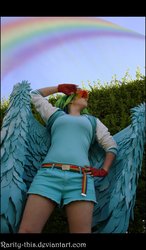 Size: 900x1546 | Tagged: safe, artist:queen-regina, rainbow dash, human, g4, cosplay, irl, irl human, oz comic-con, photo, solo, wings