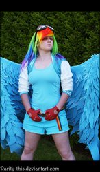 Size: 900x1546 | Tagged: safe, artist:queen-regina, rainbow dash, human, g4, clothes, cosplay, fingerless gloves, gloves, goggles, irl, irl human, oz comic-con, photo, solo, wings