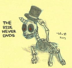 Size: 821x775 | Tagged: safe, artist:bubsakavermin, oc, oc only, oc:skelly bones, pony, glowing eyes, hat, meme, mr. bones, ponified, solo, the ride never ends, top hat