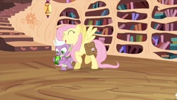 Size: 853x480 | Tagged: safe, screencap, fluttershy, spike, g4, just for sidekicks, female, male, nuzzling, straight