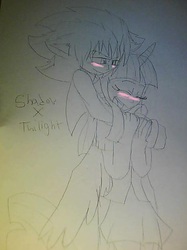 Size: 466x624 | Tagged: safe, artist:keopuolani, twilight sparkle, human, g4, blushing, crossover, crossover shipping, female, horn, horned humanization, humanized, interspecies, love, male, shadow the hedgehog, shadtwi, shipping, sonic the hedgehog, sonic the hedgehog (series), straight, traditional art
