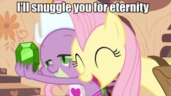 Size: 853x480 | Tagged: safe, edit, edited screencap, screencap, fluttershy, spike, dragon, pegasus, pony, g4, just for sidekicks, apron, baby, baby dragon, clothes, cute, duo, duo male and female, female, gem, golden oaks library, image macro, imma snuggle you, male, measuring cup, nuzzling, shyabetes, snuggling, spikabetes, spikelove