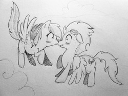 Size: 922x691 | Tagged: safe, artist:ethanolrabbit, rainbow dash, soarin', g4, boop, female, male, ship:soarindash, shipping, straight, traditional art