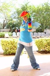 Size: 667x1000 | Tagged: safe, artist:sushistarbomb, rainbow dash, human, g4, 2011, anime festival orlando, clothes, convention, cosplay, fingerless gloves, gloves, goggles, irl, irl human, photo, solo