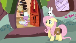 Size: 853x480 | Tagged: safe, screencap, angel bunny, fluttershy, owlowiscious, spike, g4, just for sidekicks, door