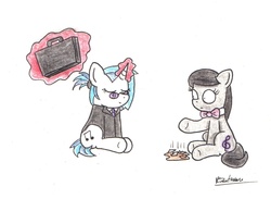 Size: 1725x1265 | Tagged: safe, artist:bobthedalek, dj pon-3, octavia melody, vinyl scratch, earth pony, pony, unicorn, g4, backwards cutie mark, duo, magic, telekinesis