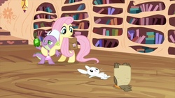 Size: 853x480 | Tagged: safe, screencap, angel bunny, fluttershy, owlowiscious, spike, g4, just for sidekicks, imminent rape