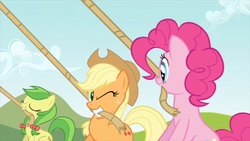 Size: 853x480 | Tagged: safe, screencap, apple fritter, applejack, pinkie pie, g4, too many pinkie pies, apple family member