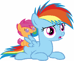 Size: 550x456 | Tagged: safe, artist:beavernator, artist:ianimateyourpictures, rainbow dash, scootaloo, pegasus, pony, g4, animated, baby, baby pony, cute, cutealoo, dashabetes, duo, female, filly, foal, hair bite, messy mane, nom, open mouth, prone, rainbow dash is not amused, simple background, sisters, unamused, younger