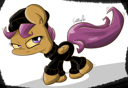 Size: 1300x900 | Tagged: safe, artist:slitherpon, scootaloo, criminal, female, solo