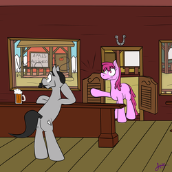 Size: 3600x3600 | Tagged: safe, artist:s8ansglory, berry punch, berryshine, morton saltworthy, earth pony, pony, g4, alcohol, appleloosa, appleloosa resident, beer, door, drink, duo, female, male, mare, mug, saloon, stallion, western