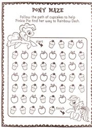 Size: 1054x1466 | Tagged: safe, pinkie pie, rainbow dash, g4, activity book, apple, cupcake, maze