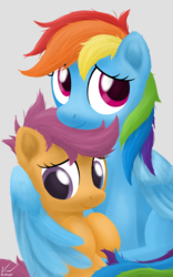 Size: 1280x2048 | Tagged: safe, artist:symbianl, rainbow dash, scootaloo, pegasus, pony, g4, cute, cutealoo, dashabetes, female, hug, scootalove, siblings, sisters, winghug