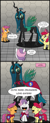 Size: 1006x2478 | Tagged: safe, artist:r-c-h, apple bloom, queen chrysalis, scootaloo, sweetie belle, changeling, changeling queen, earth pony, pegasus, pony, unicorn, g4, blushing, cape, clothes, cmc cape, comic, cutie mark crusaders, dialogue, female, filly, foal, speech bubble