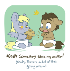 Size: 800x812 | Tagged: safe, artist:caycowa, derpy hooves, doctor whooves, time turner, g4, baby, colt, diaper, filly, foal, muffin