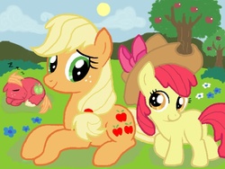 Size: 640x480 | Tagged: safe, artist:imo, artist:いも, apple bloom, applejack, big macintosh, earth pony, pony, g4, accessory swap, apple, apple siblings, apple sisters, apple tree, applejack's hat, brother and sister, cowboy hat, female, food, hat, looking at each other, lying down, male, mare, onomatopoeia, pixiv, prone, siblings, sisters, sleeping, sound effects, stallion, tree, zzz