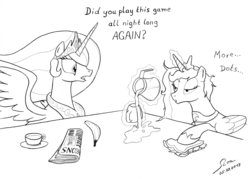 Size: 3160x2260 | Tagged: safe, artist:abyssalemissary, princess celestia, princess luna, gamer luna, g4, banana, bed mane, coffee, lineart, messy mane, monochrome, morning ponies, newspaper, sandwich, table, tired