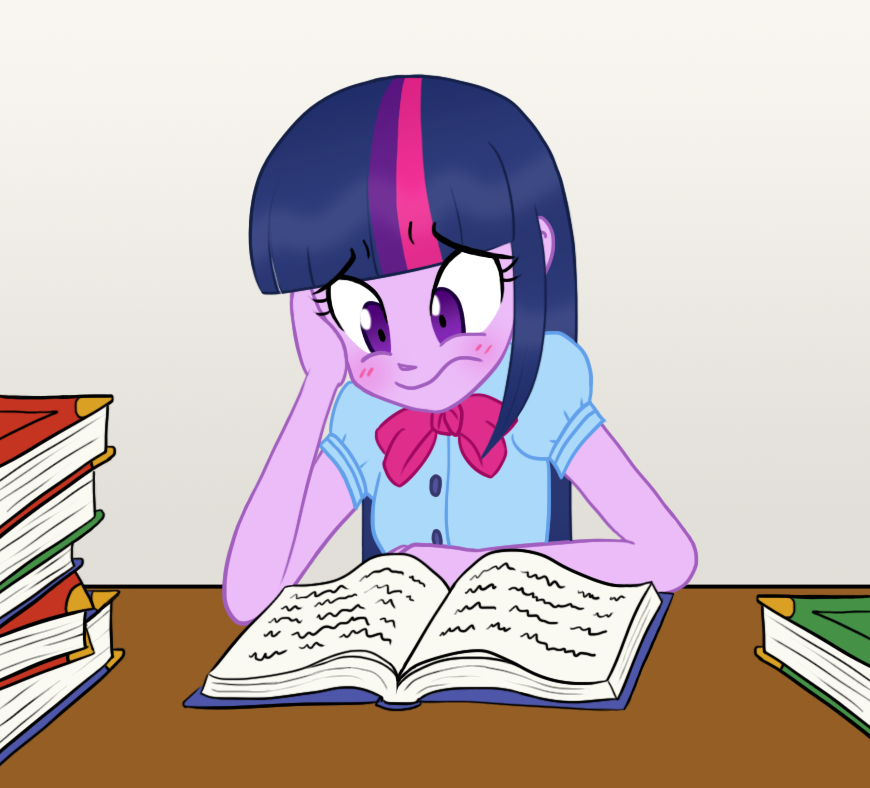 421944 - safe, artist:howlsinthedistance, twilight sparkle, equestria  girls, blushing, book, female, solo, studying, table - Derpibooru