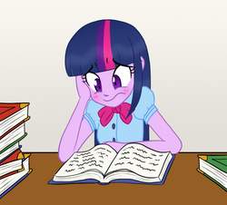 Size: 870x788 | Tagged: safe, artist:howlsinthedistance, twilight sparkle, equestria girls, g4, blushing, book, female, solo, studying, table