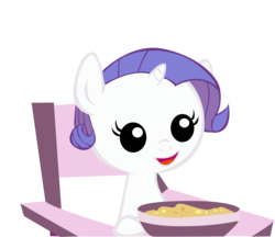 Size: 1153x994 | Tagged: dead source, safe, artist:aetherlordignus, rarity, pony, g4, babity, baby, baby pony, chair, female, foal, food, highchair, solo, younger