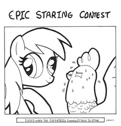 Size: 959x1000 | Tagged: safe, artist:abronyaccount, derpy hooves, cockatrice, pegasus, pony, g4, female, lineart, mare, monochrome, staring contest