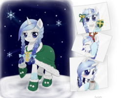 Size: 1900x1536 | Tagged: safe, artist:evomanaphy, oc, oc only, oc:stellar crystal, pony, anime, bedroom eyes, blushing, boots, christmas, clothes, cute, eyes closed, female, grin, heart, hoof hold, looking at you, mare, mug, present, raised hoof, smiling, snow, snowfall, snowflake