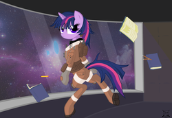 Size: 1079x741 | Tagged: safe, artist:shadawg, twilight sparkle, g4, book, clothes, female, floating, jacket, pants, shoes, solo, space, tier iii, zero gravity