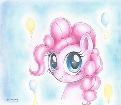 Size: 900x780 | Tagged: safe, artist:evomanaphy, pinkie pie, g4, balloon, colored pencil drawing, cutie mark, female, looking at you, pink, portrait, solo, traditional art