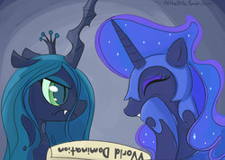 Size: 788x562 | Tagged: safe, artist:lance, nightmare moon, queen chrysalis, alicorn, changeling, changeling queen, pony, g4, antagonist, crown, duo, female, jewelry, laughing, regalia, scheming, unamused