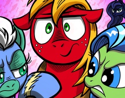 Size: 4200x3300 | Tagged: safe, artist:verulence, idw, official comic, big macintosh, fleetfoot, princess luna, tealove, earth pony, pony, g4, zen and the art of gazebo repair, spoiler:comic, spoiler:comic10, angry, big macintosh gets all the mares, clothes, gritted teeth, i can't believe it's not idw, male, rage, ship:fleetmac, ship:lunamac, shipping, stallion, straight, teamac, uniform, wonderbolts uniform
