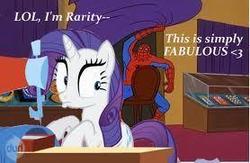 Size: 278x181 | Tagged: safe, rarity, g4, caption, image macro, male, parody, roleplaying, spider-man, teasing