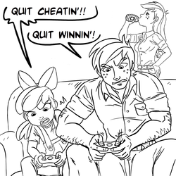 Size: 945x945 | Tagged: safe, artist:megasweet, apple bloom, applejack, big macintosh, human, g4, black and white, couch, dialogue, female, grayscale, hairy arms, human female, human male, humanized, lineart, male, monochrome, speech bubble, video game