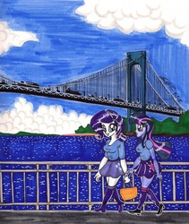 Size: 1553x1842 | Tagged: safe, artist:newyorkx3, rarity, twilight sparkle, equestria girls, g4, bridge, humanized, traditional art