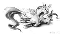 Size: 2560x1440 | Tagged: safe, artist:hiroshi-tea, princess celestia, g4, butt, cake, cakelestia, chubby, dock, female, magic, plot, plump, quill, realistic, scroll, solo