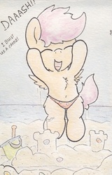 Size: 517x807 | Tagged: safe, artist:slightlyshade, scootaloo, pony, g4, beach, belly button, bipedal, clothes, female, sandcastle, solo, swimsuit, topless, traditional art