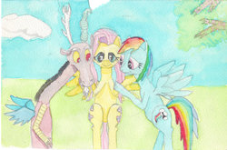 Size: 1024x677 | Tagged: safe, discord, fluttershy, rainbow dash, g4, shipping, traditional art, watercolor painting