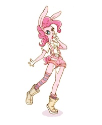 Size: 598x737 | Tagged: source needed, safe, artist:hcgom, pinkie pie, earth pony, anthro, g4, bunny ears, female, overalls, solo