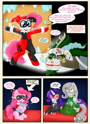 Size: 2112x2920 | Tagged: safe, artist:blackbewhite2k7, discord, fluttershy, pinkie pie, rarity, g4, batman, catwoman, clothes, comic, cosplay, costume, crossover, dc comics, female, glass, harley quinn, jokercord, mad love, male, pinkie quinn, poison ivy, poison ivyshy, ship:discopie, shipping, straight, the joker
