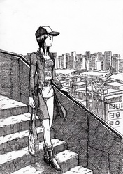 Size: 3472x4920 | Tagged: safe, artist:smellslikebeer, twilight sparkle, human, g4, absurd resolution, black and white, cap, city, cityscape, crosshatch, female, grayscale, hat, humanized, ink, looking away, monochrome, solo, stairs, traditional art, walking