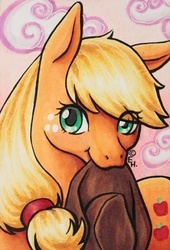 Size: 354x521 | Tagged: safe, artist:thunderbeer, applejack, g4, female, mouth hold, solo, traditional art
