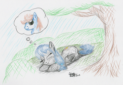 Size: 1079x741 | Tagged: safe, artist:kuroitsubasatenshi, oc, oc only, pegasus, pony, dream, dusky down, shipping, sleeping, traditional art